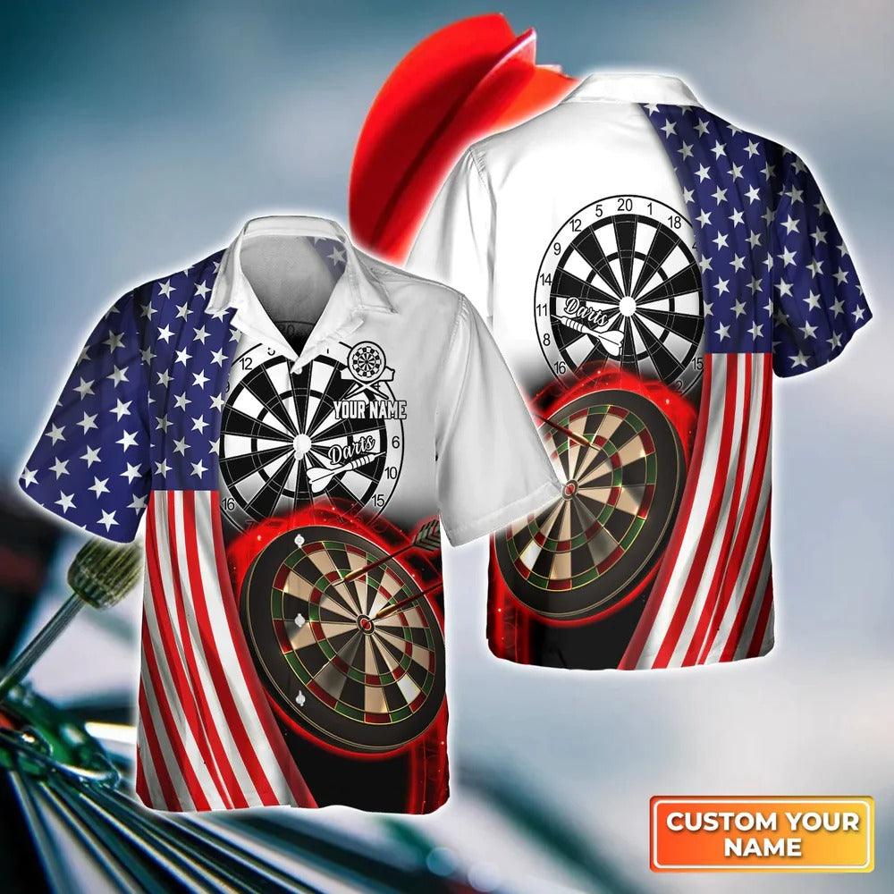Customized Darts Hawaiian Shirt, American Flag Dartboard, Personalized Name Hawaiian Shirt For Men - Perfect Gift For Darts Lovers, Darts Players - Amzanimalsgift