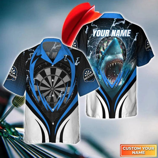 Customized Darts Hawaiian Shirt, Bullseye Dartboard, Personalized Name Shark Hawaiian Shirt For Men - Perfect Gift For Darts Lovers, Darts Players - Amzanimalsgift