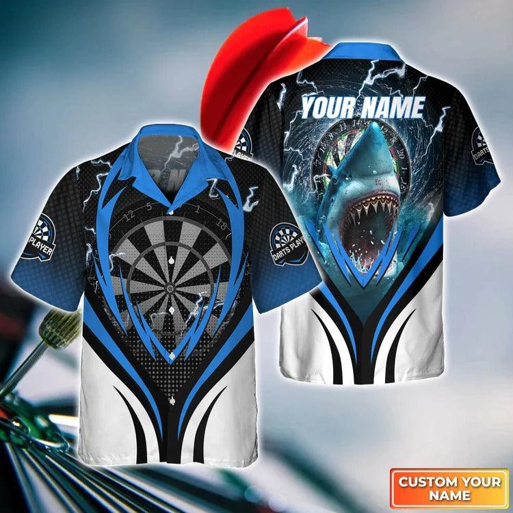 Customized Darts Hawaiian Shirt, Bullseye Dartboard, Personalized Name Shark Hawaiian Shirt For Men - Perfect Gift For Darts Lovers, Darts Players - Amzanimalsgift