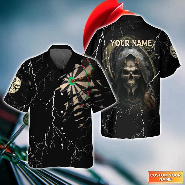 Customized Darts Hawaiian Shirt, Thunder Grim Reaper Personalized Name Hawaiian Shirt For Men - Perfect Gift For Darts Lovers, Darts Players - Amzanimalsgift