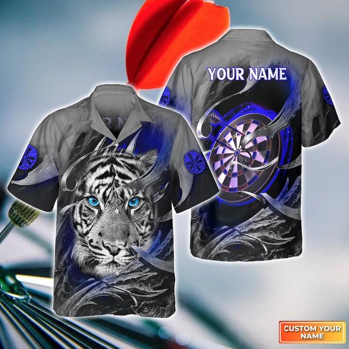 Customized Darts Hawaiian Shirts, Blue Bullseye Dartboard Personalized Tiger And Darts Aloha Shirts - Gift For Darts Lovers, Darts Players - Amzanimalsgift