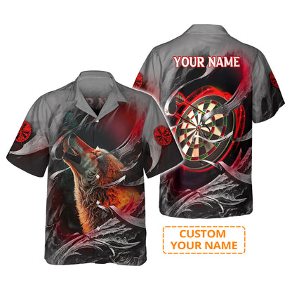 Customized Darts Hawaiian Shirts, Bullseye Dartboard Personalized Flame Wolf And Darts Aloha Shirts - Gift For Darts Lovers, Darts Players