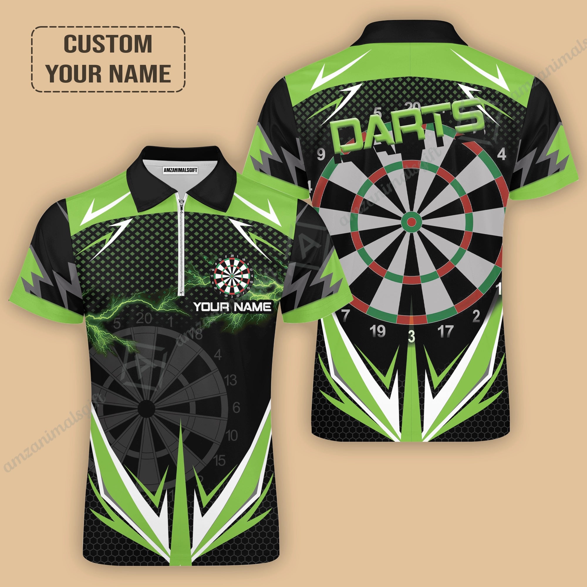 Customized Darts Jersey, Green Darts Lightning Personalized Name Zip Polo Shirt, Outfits For Darts Lovers, Darts Players