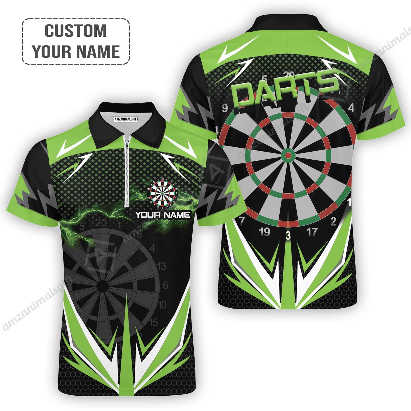 Darts Custom Name Men Polo Shirt, Green Darts Lightning Personalized Men Polo Shirt Gift For Darts Lovers, Friend, Darts Team Player