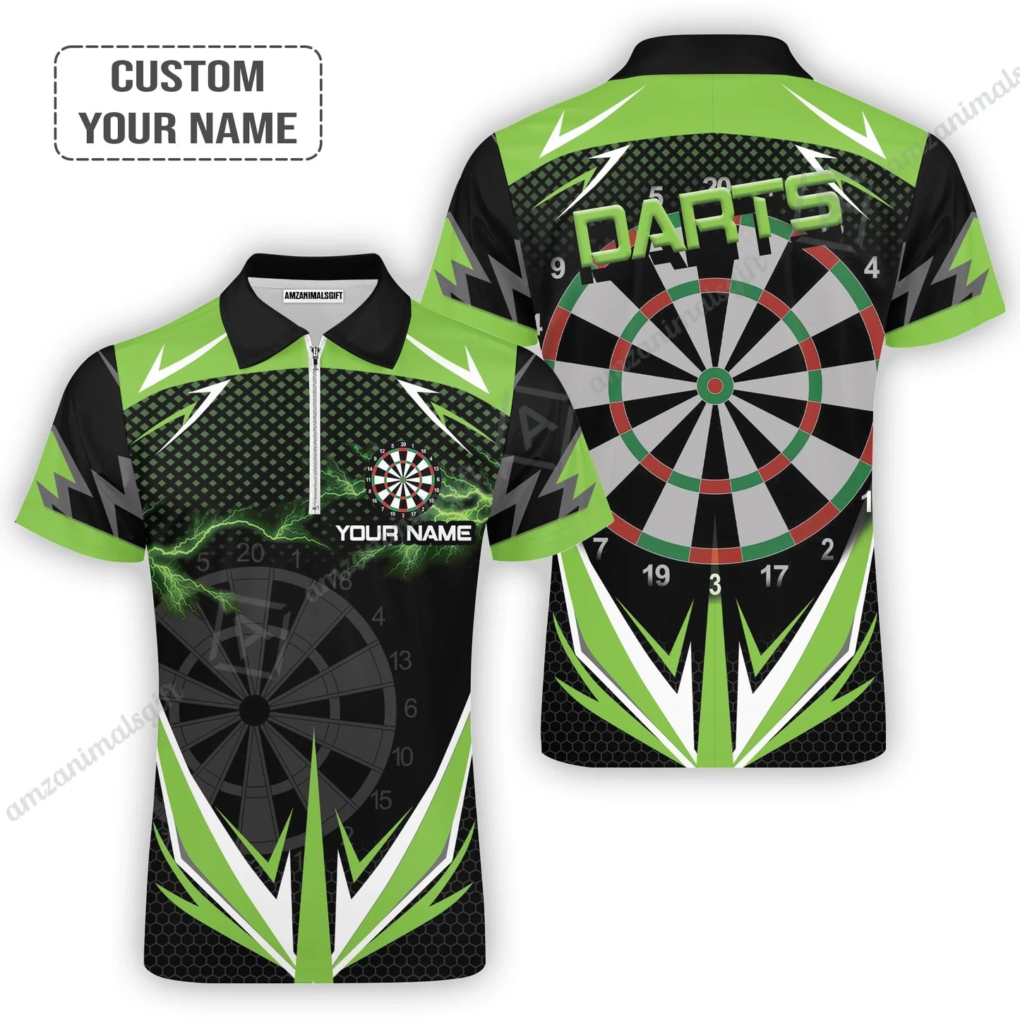 Customized Darts Long Polo Shirt, Green Darts Lightning Personalized Name Polo Shirt, Outfits For Darts Lovers, Darts Players