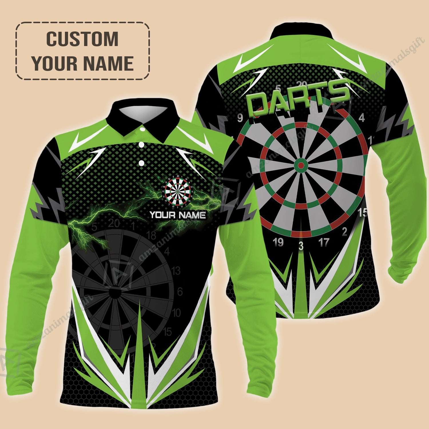 Customized Darts Long Polo Shirt, Green Darts Lightning Personalized Name Polo Shirt, Outfits For Darts Lovers, Darts Players