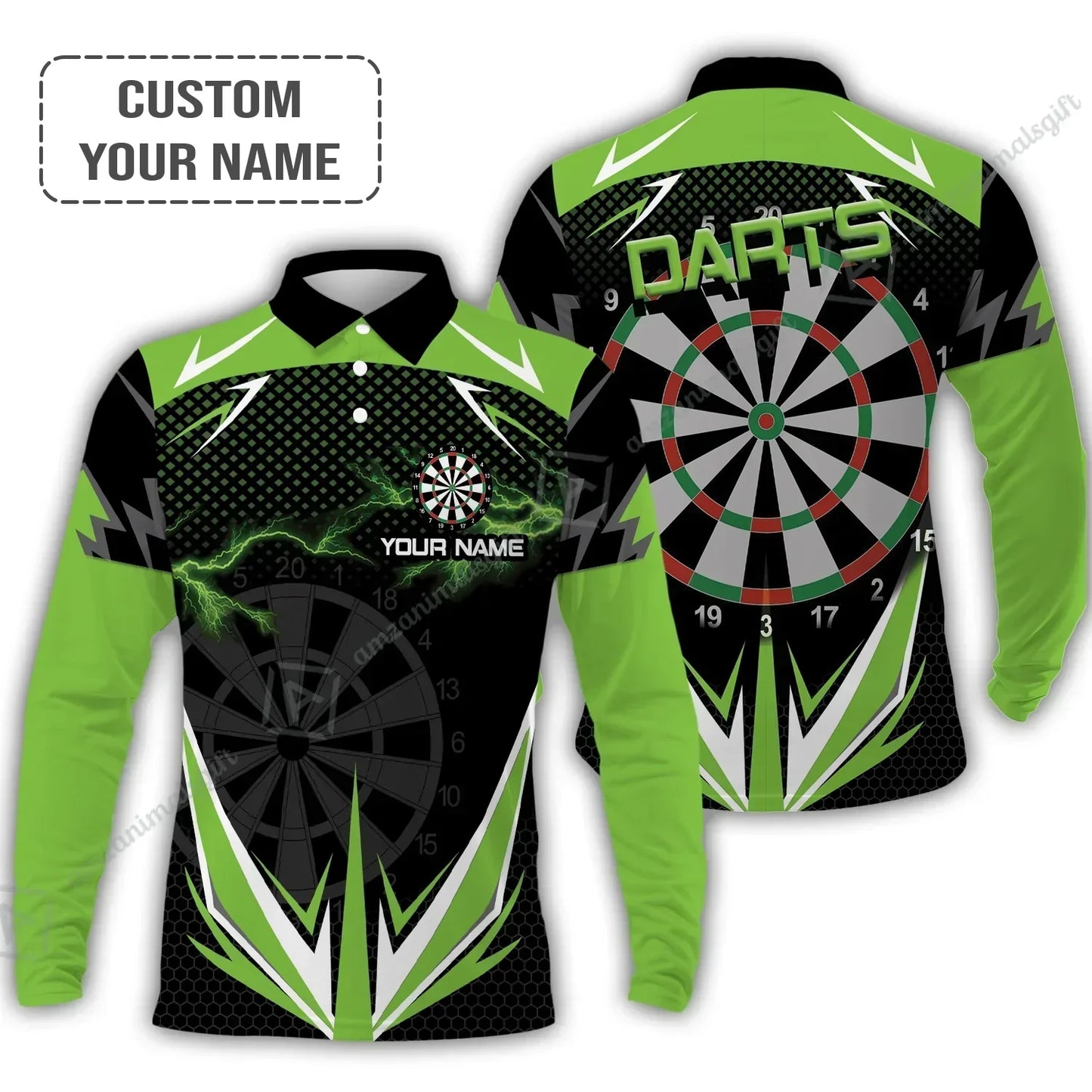 Customized Darts Polo Shirt, Personalized Name Green Lightning Darts Polo Shirt, Outfits For Darts Lovers, Darts Players