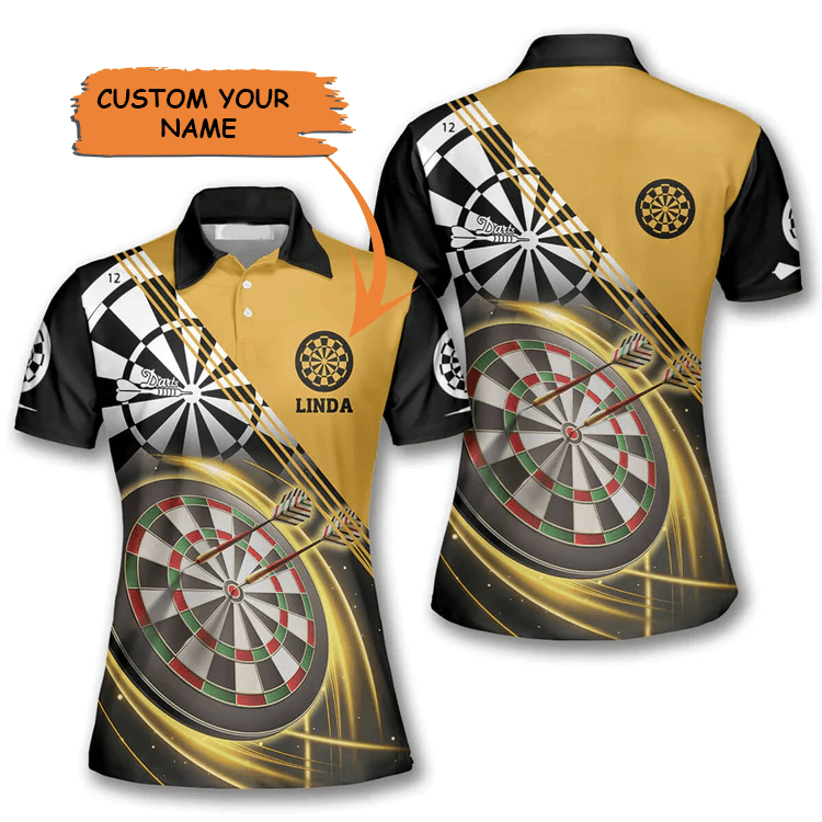 Customized Darts Polo Shirt, Darts Black Gold Personalized Name Polo Shirt For Women, Ladies - Perfect Gift For Darts Lovers, Darts Players - Amzanimalsgift