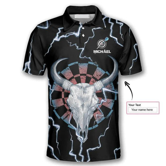 Customized Darts Polo Shirt, Darts Bullseye Thunder Skull, Personalized Name Polo Shirt For Men - Perfect Gift For Darts Lovers, Darts Players - Amzanimalsgift
