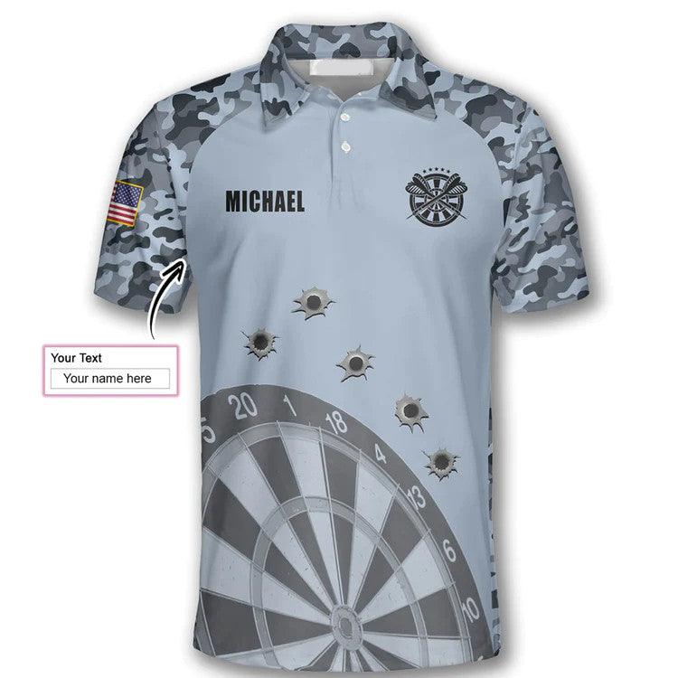 Customized Darts Polo Shirt, Darts Grey Camouflage Gun Holes, Personalized Name Polo Shirt For Men - Perfect Gift For Darts Lovers, Darts Players - Amzanimalsgift