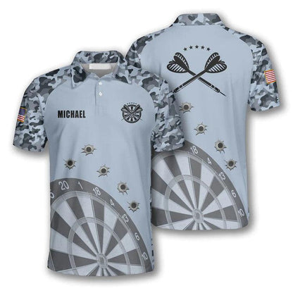 Customized Darts Polo Shirt, Darts Grey Camouflage Gun Holes, Personalized Name Polo Shirt For Men - Perfect Gift For Darts Lovers, Darts Players - Amzanimalsgift