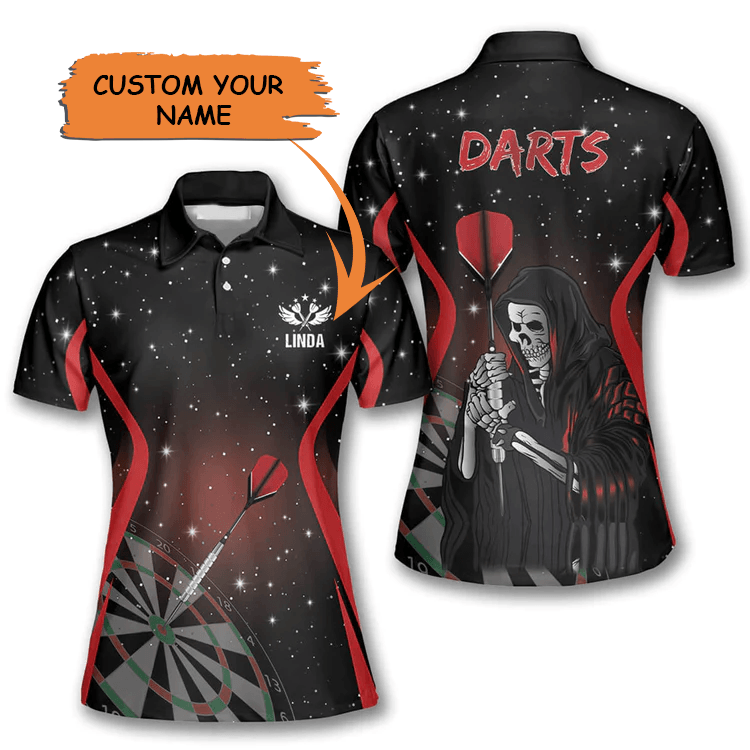 Customized Darts Polo Shirt, Darts Grim Reaper, Personalized Name Polo Shirt For Women - Perfect Gift For Darts Lovers, Darts Players - Amzanimalsgift