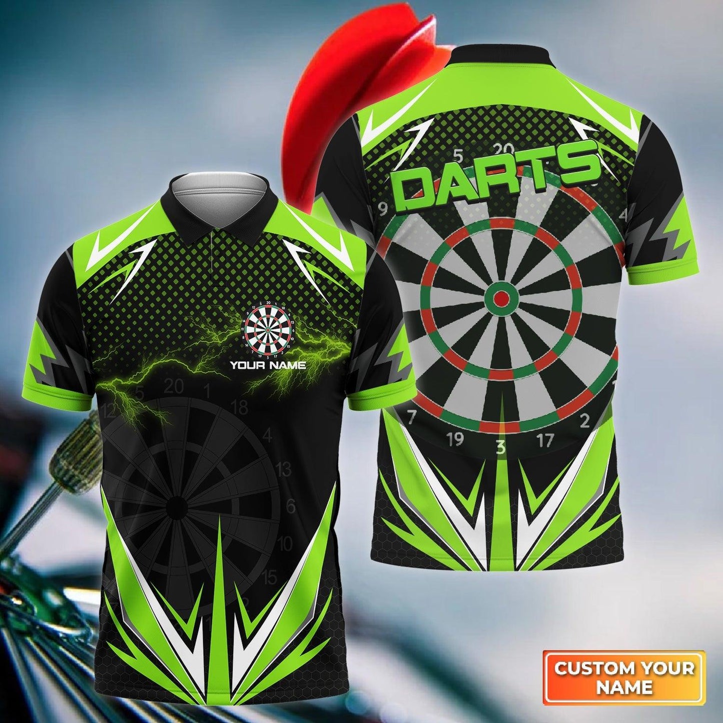 Customized Darts Polo Shirt, Personalized Name Green Lightning Darts Polo Shirt, Outfits For Darts Lovers, Darts Players