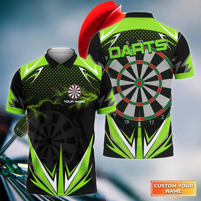 Customized Darts Polo Shirt, Personalized Name Green Lightning Darts Polo Shirt, Outfits For Darts Lovers, Darts Players