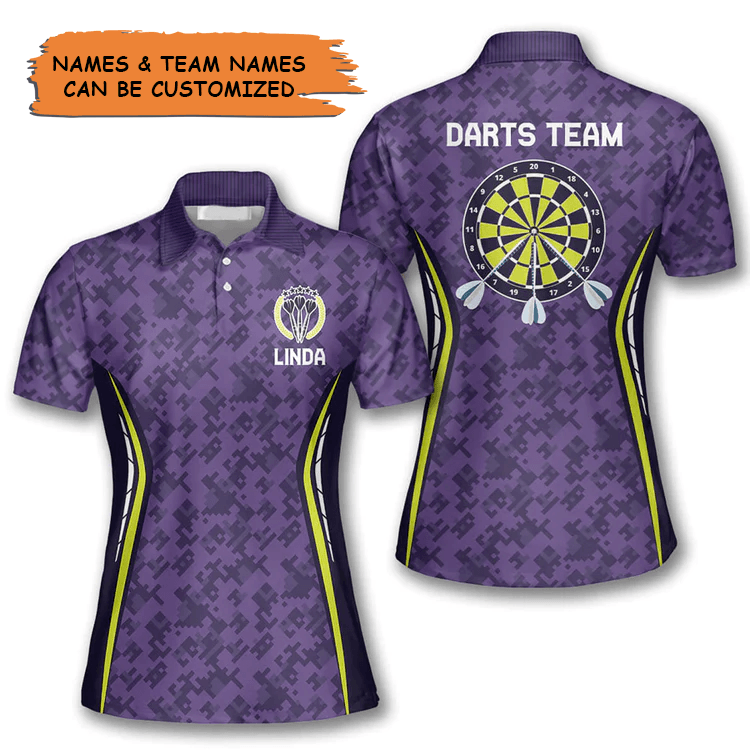 Customized Darts Polo Shirt, Purple Pattern Team Shirt, Personalized Name Polo Shirt For Women - Perfect Gift For Darts Lovers, Darts Players - Amzanimalsgift