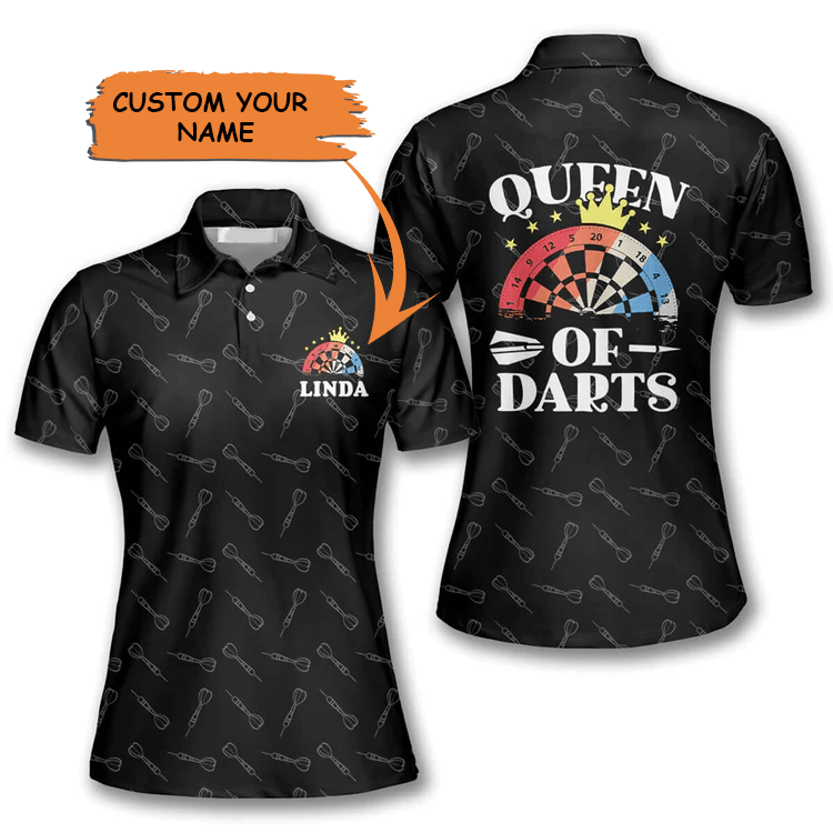Customized Darts Polo Shirt, Queen of Darts Arrow Pattern, Personalized Name Polo Shirt For Women - Perfect Gift For Darts Lovers, DartsPlayers - Amzanimalsgift