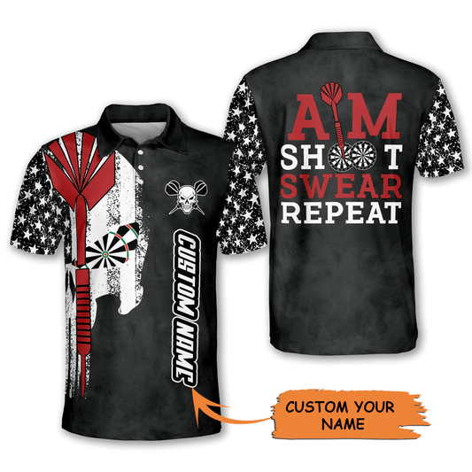 Customized Darts Polo Shirt, Skull, Aim Shoot Swear Repeat Personalized Name Polo Shirt For Men - Perfect Gift For Darts Lovers, Darts Players - Amzanimalsgift