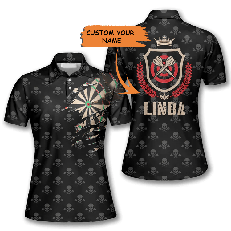 Customized Darts Polo Shirt, Skull King Darts Personalized Name Polo Shirt For Women, Ladies - Perfect Gift For Darts Lovers, Darts Players - Amzanimalsgift