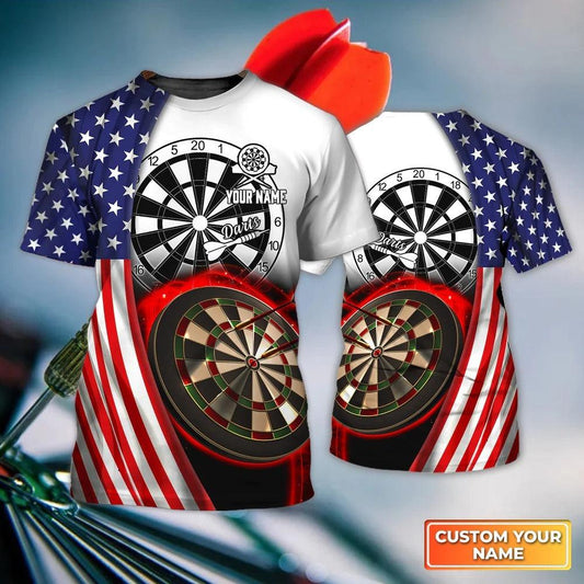 Customized Darts T Shirt, American Flag Dartboard, Personalized Name Skull And Darts T Shirt For Men - Perfect Gift For Darts Lovers, Darts Players - Amzanimalsgift