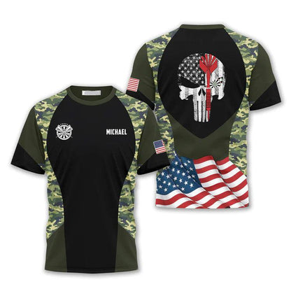 Customized Darts T Shirt, Camouflage Skull Waving Flag, Personalized Name T Shirt For Men - Perfect Gift For Darts Lovers, Darts Players - Amzanimalsgift