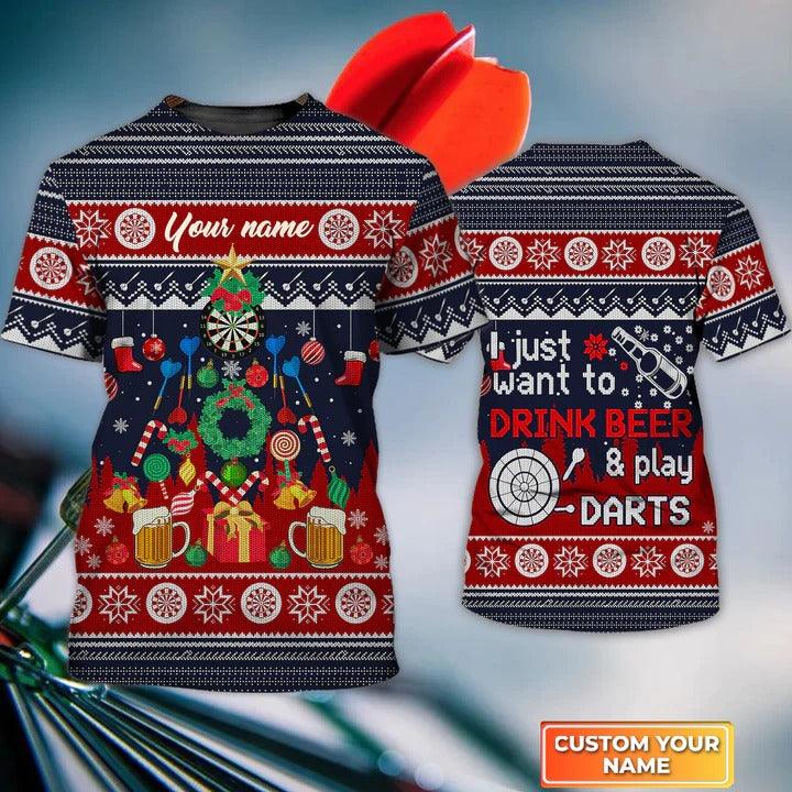 Customized Darts T Shirt, Christmas Pattern, Personalized Name Drink Beer And Play Darts T Shirt For Men - Perfect Gift For Darts Lovers, Darts Players - Amzanimalsgift