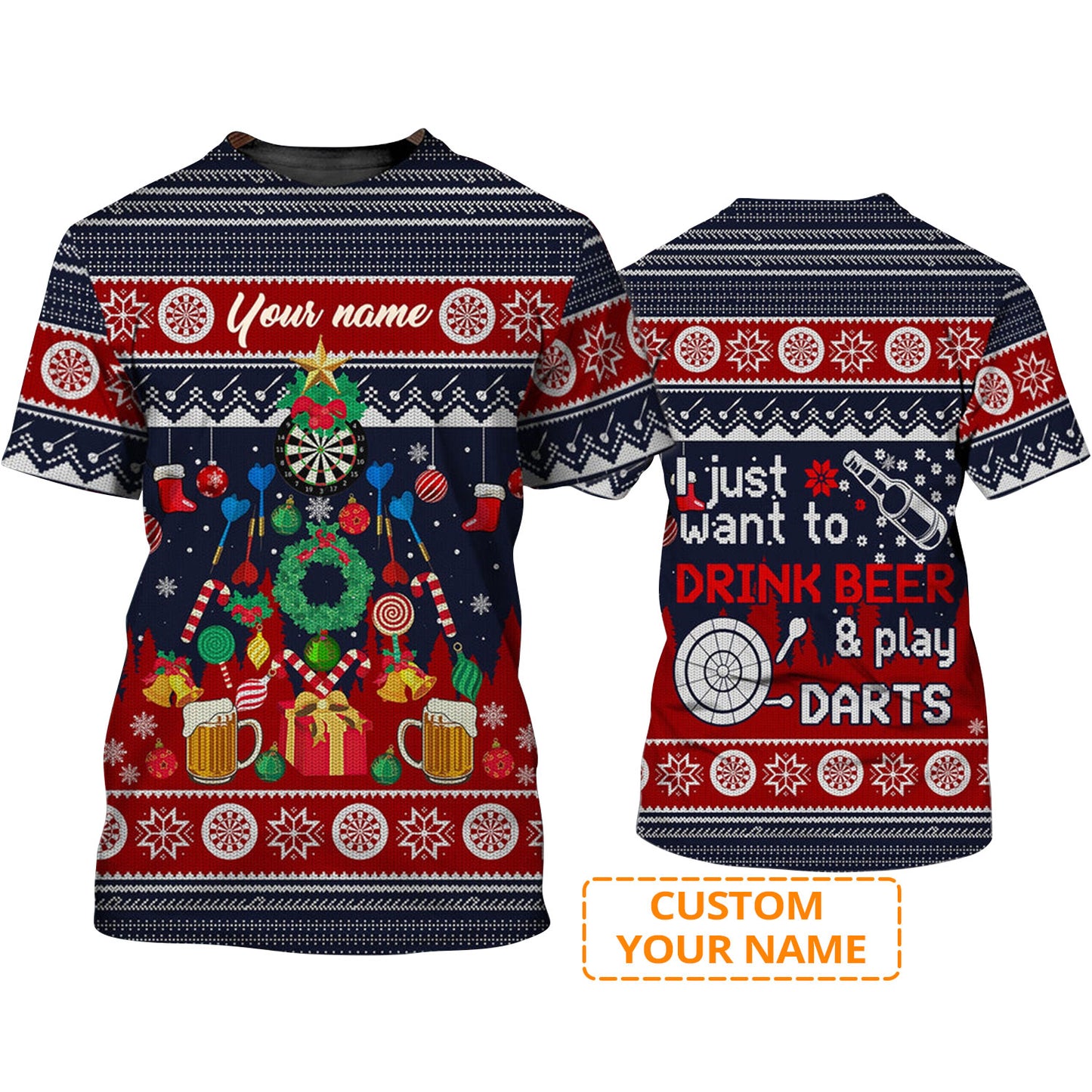Customized Darts T Shirt, Christmas Pattern, Personalized Name Drink Beer And Play Darts T Shirt For Men - Perfect Gift For Darts Lovers, Darts Players