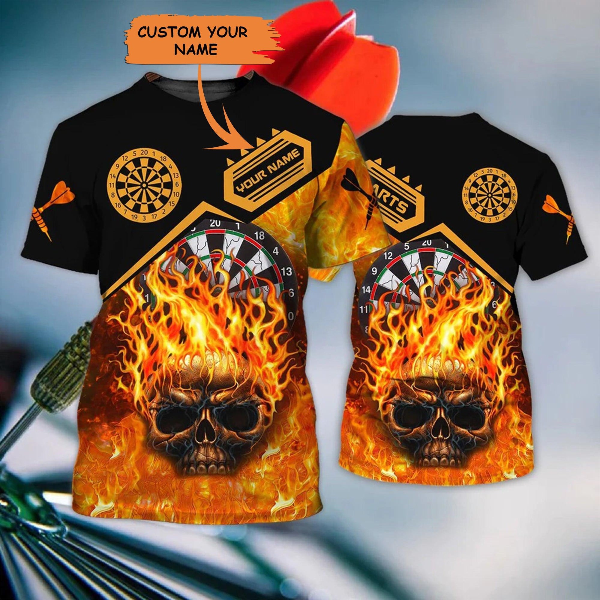 Customized Darts T Shirt, Darts Skull Flame, Personalized Name Darts T Shirt For Men - Perfect Gift For Darts Lovers, Darts Players - Amzanimalsgift