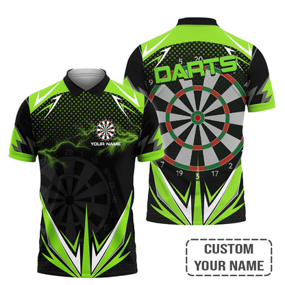 Customized Darts Polo Shirt, Personalized Name Green Lightning Darts Polo Shirt, Outfits For Darts Lovers, Darts Players