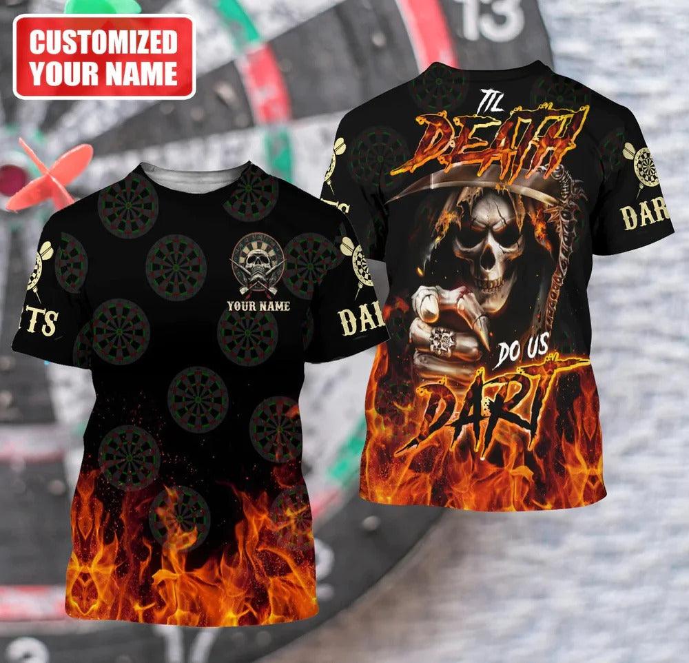 Customized Darts T Shirt, Grim Reaper, Personalized Name Black And Fire Pattern T Shirt For Men - Perfect Gift For Darts Lovers, Darts Players - Amzanimalsgift