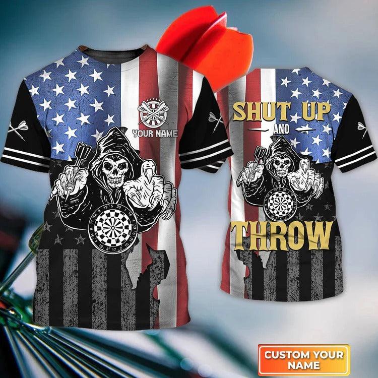 Customized Darts T Shirt, Shut Up And Throw American Flag, Personalized Name T Shirt For Men - Perfect Gift For Darts Lovers, Darts Players - Amzanimalsgift