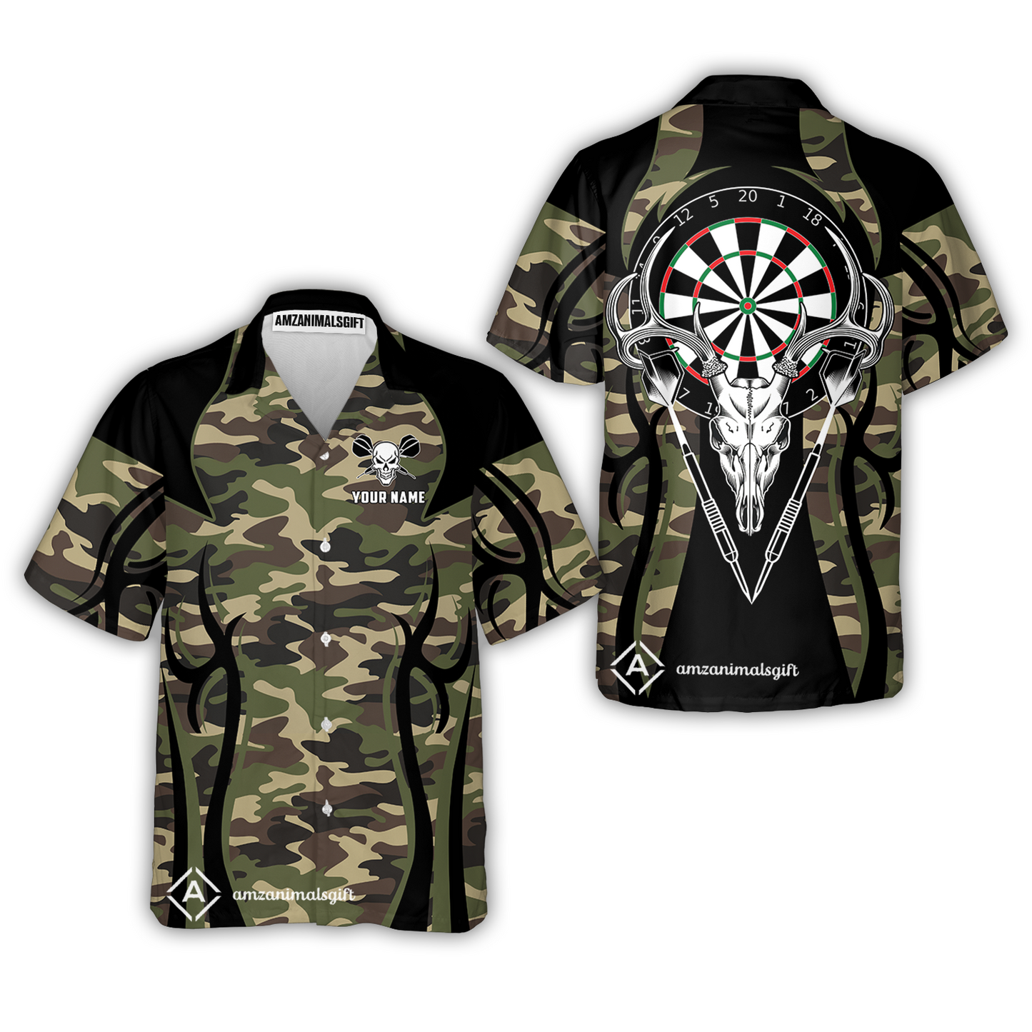 Customized Darts Team Button Up Shirt, Camo Skull Deer Dartboard Hawaiian Shirt With Name Team Name For Darts League
