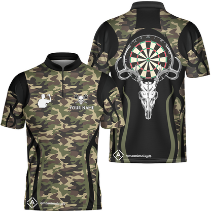 Customized Darts Team Flat Neck Zipper Jersey, Camo Skull Deer Dartboard Personalized Name Team Name Shirt For Darts League