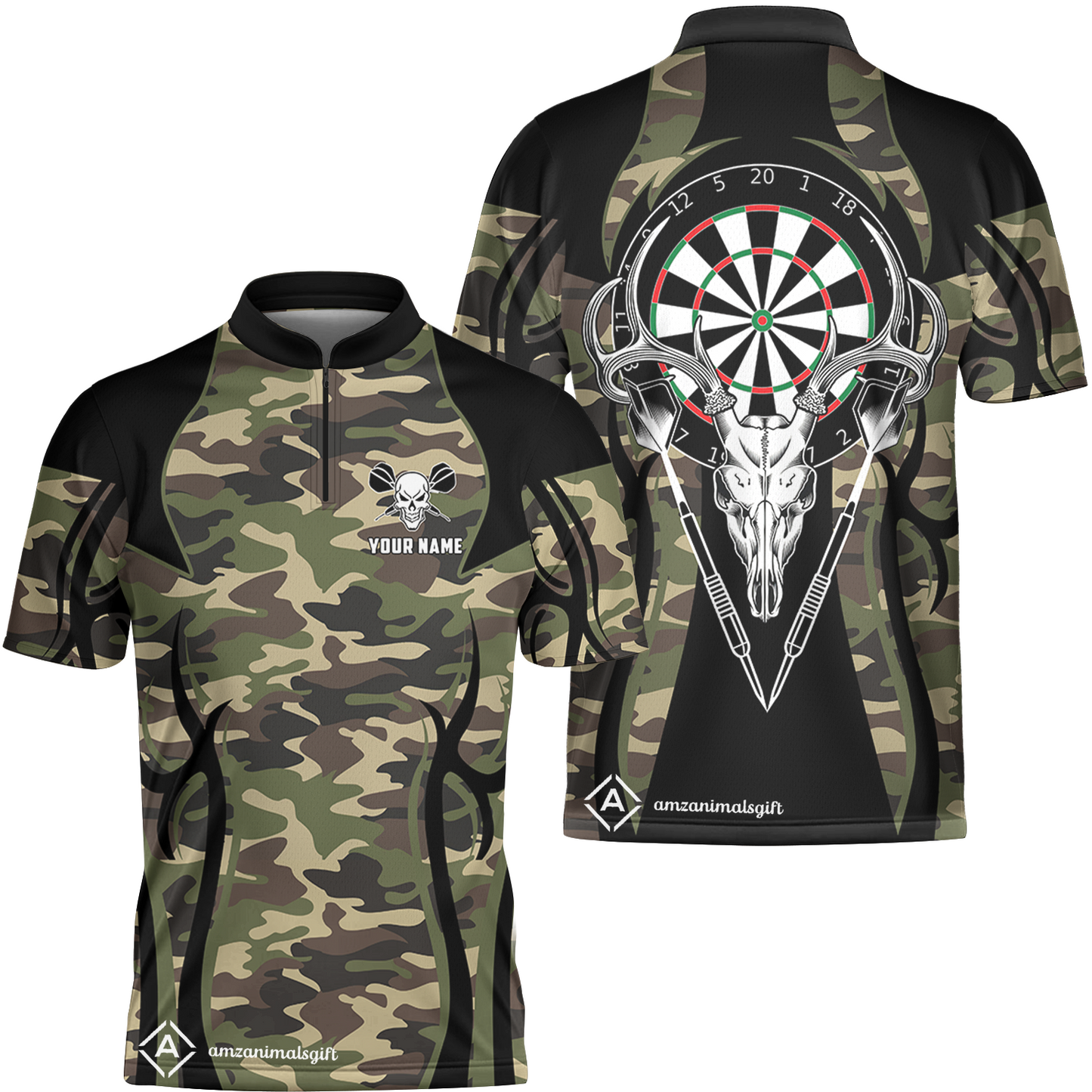 Customized Darts Team Flat Neck Zipper Jersey, Camo Skull Deer Dartboard Personalized Name Team Name Shirt For Darts League
