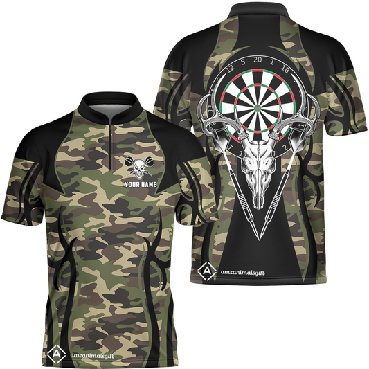 Customized Darts Team Flat Neck Zipper Jersey, Camo Skull Deer Dartboard Personalized Name Team Name Shirt For Darts League