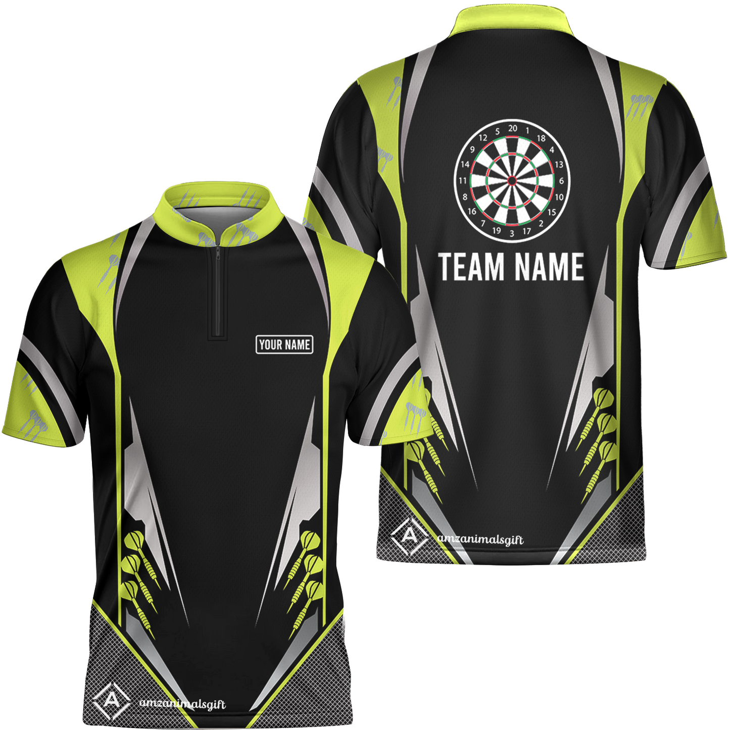 Customized Darts Team Flat Neck Zipper Jersey, Dartboard Center Multicolor Option With Personalized Name And Team Name
