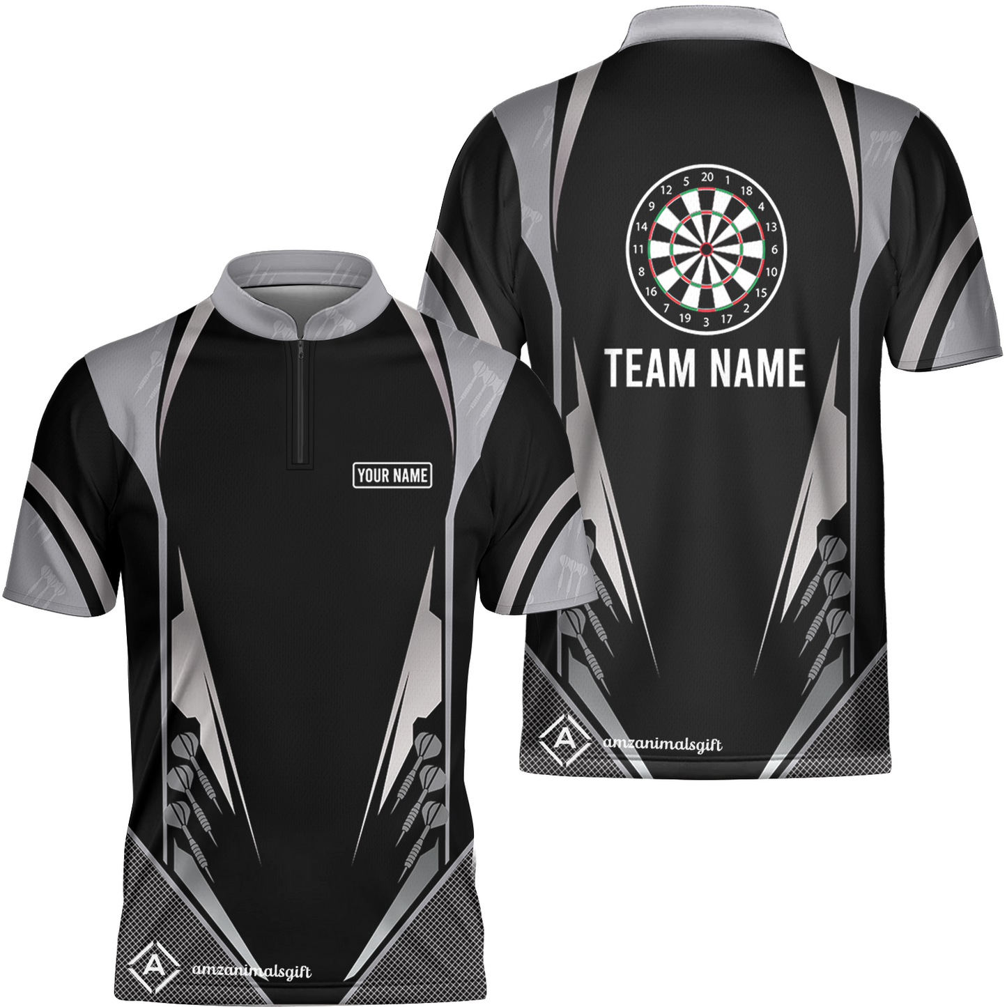 Customized Darts Team Flat Neck Zipper Jersey, Dartboard Center Multicolor Option With Personalized Name And Team Name