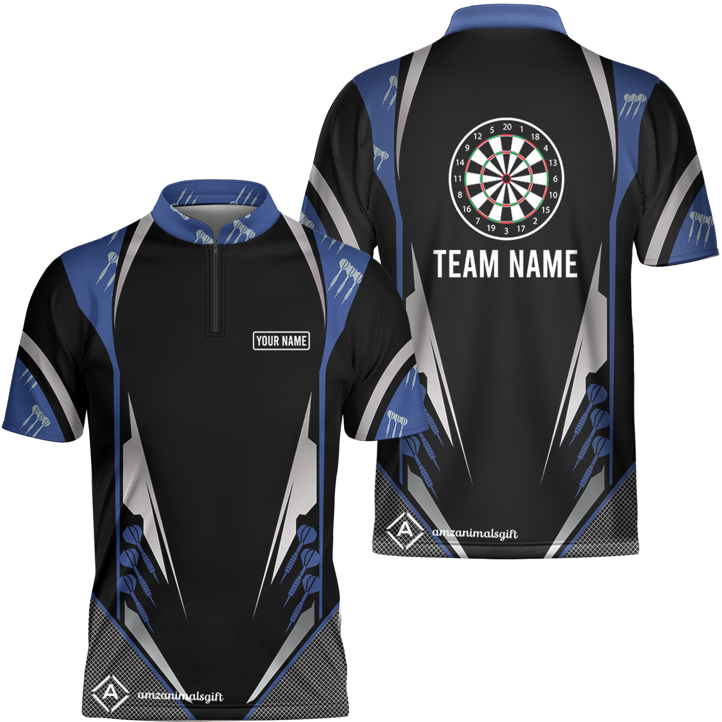 Customized Darts Team Flat Neck Zipper Jersey, Dartboard Center Multicolor Option With Personalized Name And Team Name