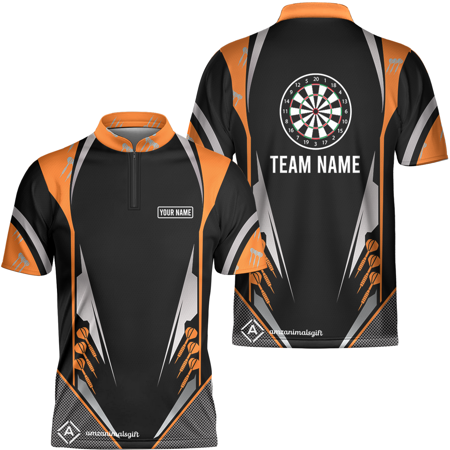 Customized Darts Team Flat Neck Zipper Jersey, Dartboard Center Multicolor Option With Personalized Name And Team Name