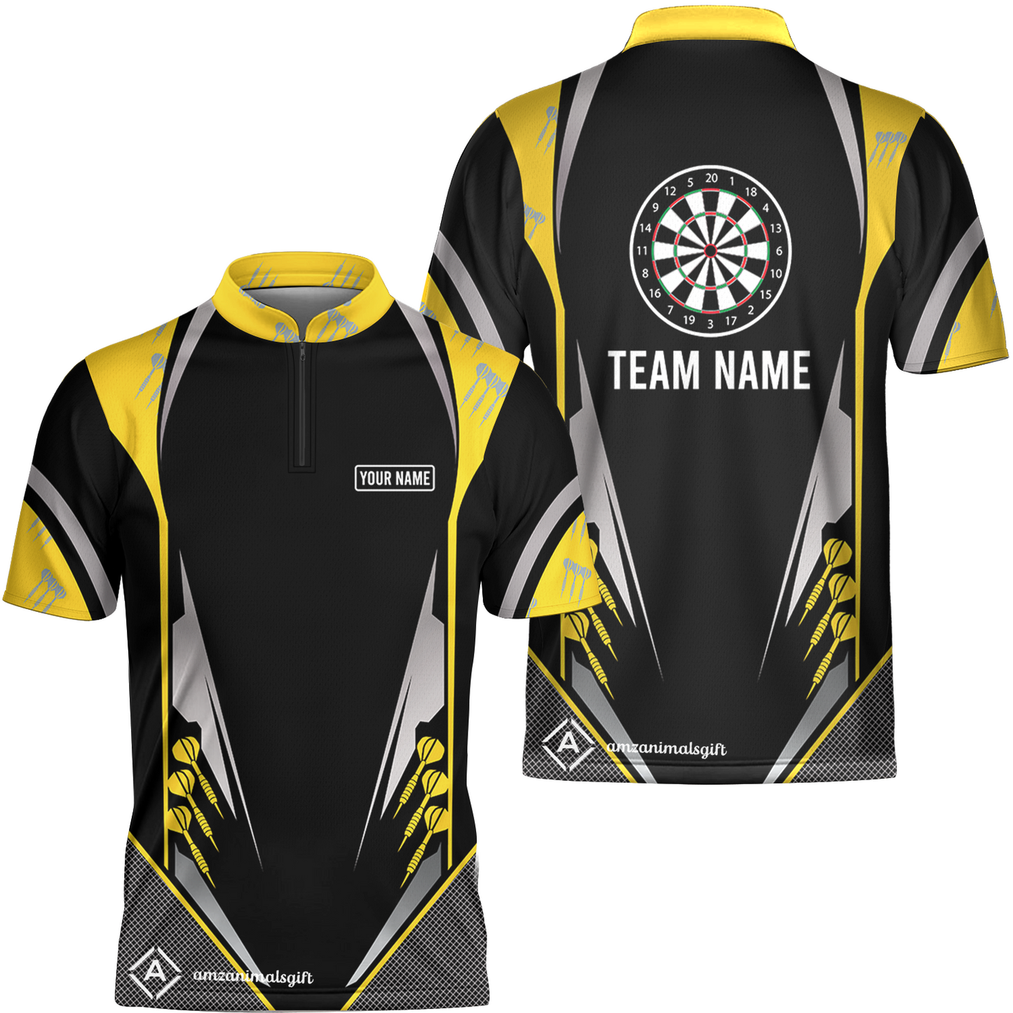 Customized Darts Team Flat Neck Zipper Jersey, Dartboard Center Multicolor Option With Personalized Name And Team Name