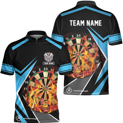 Customized Darts Team Flat Neck Zipper Jersey, Dartboard In Flame Jersey Personalized Name And Team Name For Darts League