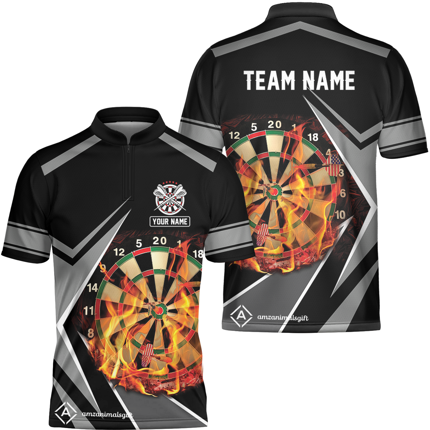 Customized Darts Team Flat Neck Zipper Jersey, Dartboard In Flame Jersey Personalized Name And Team Name For Darts League