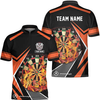 Customized Darts Team Flat Neck Zipper Jersey, Dartboard In Flame Jersey Personalized Name And Team Name For Darts League