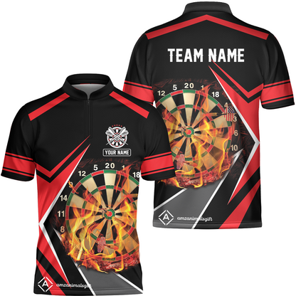 Customized Darts Team Flat Neck Zipper Jersey, Dartboard In Flame Jersey Personalized Name And Team Name For Darts League