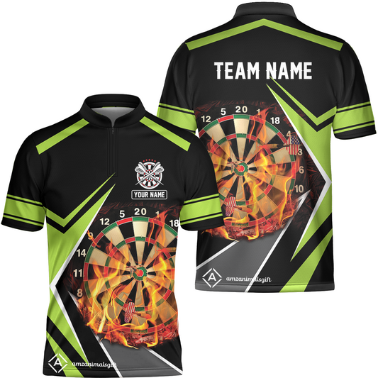 Customized Darts Team Flat Neck Zipper Jersey, Dartboard In Flame Jersey Personalized Name And Team Name For Darts League