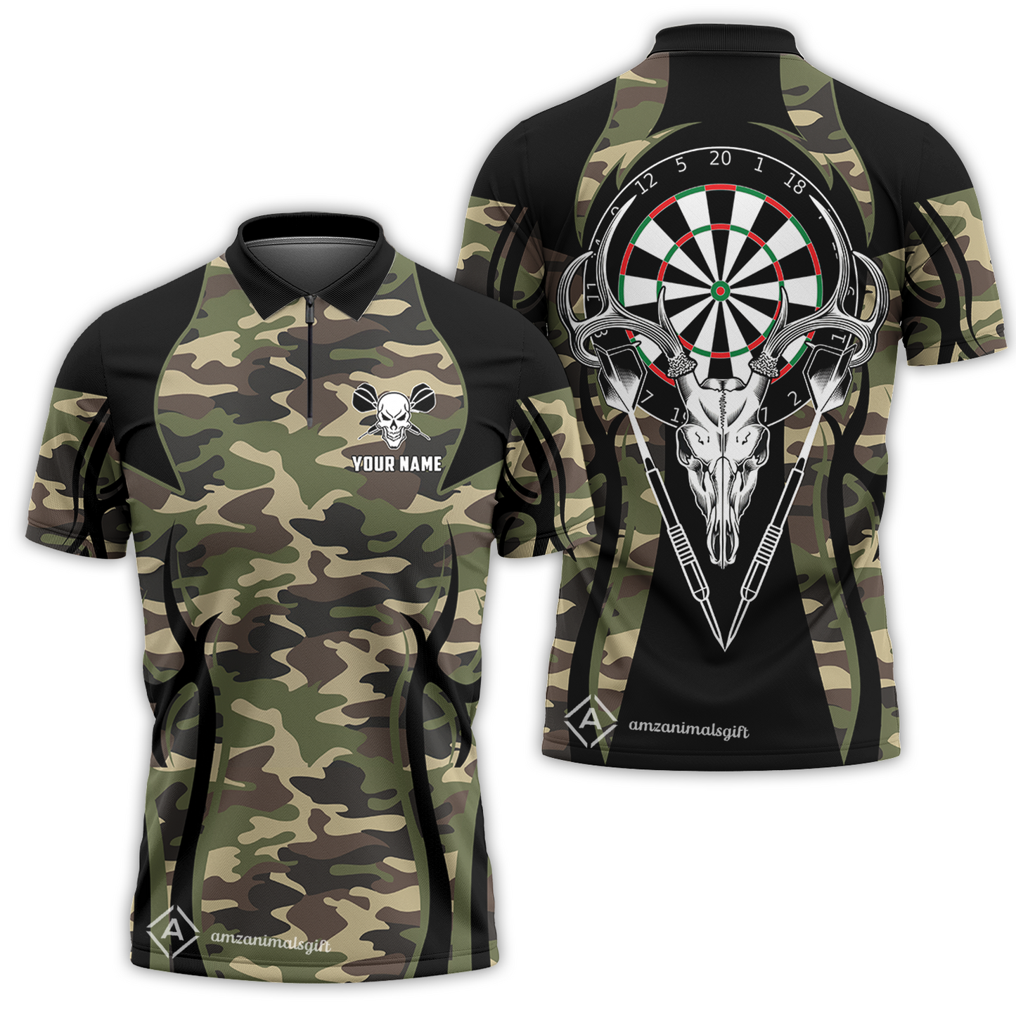Customized Darts Team Quarter-Zip Polo Shirt, Camo Skull Deer Dartboard Polo Shirt With Name Team Name For Darts League