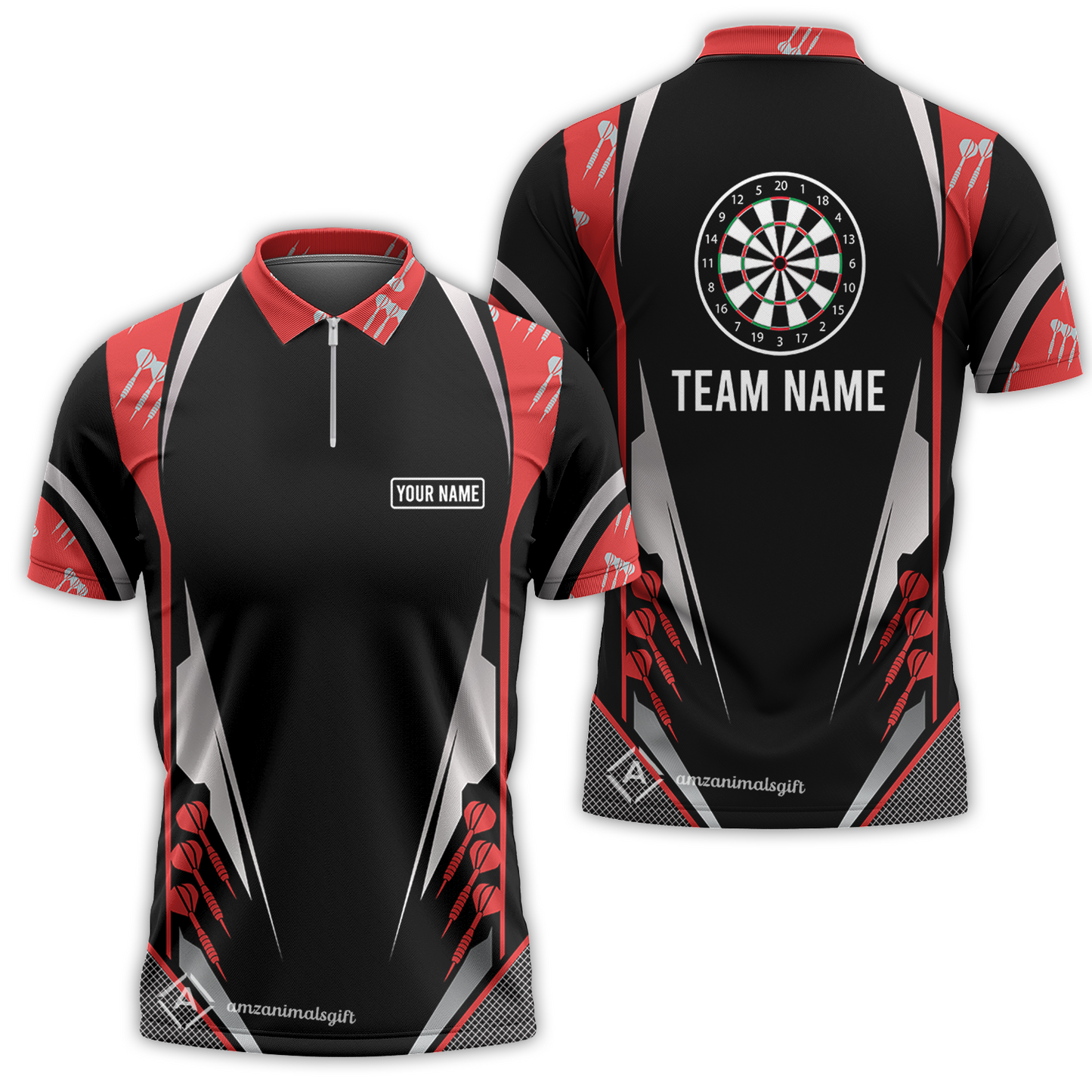 Customized Darts Team Quarter-Zip Polo Shirt, Dartboard Center Multicolor Option With Personalized Name And Team Name