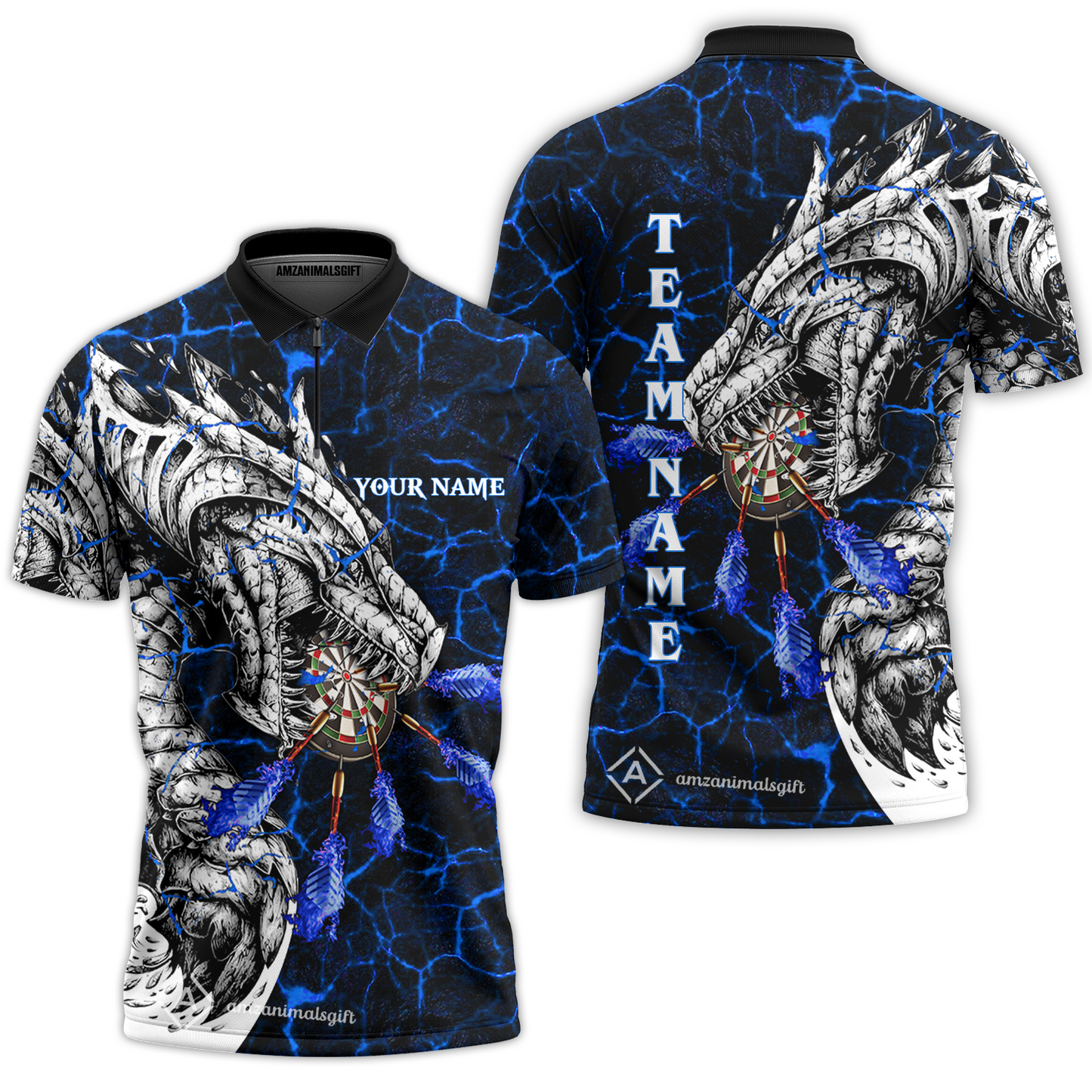 Customized Darts Team Quarter-Zip Polo Shirt, Darts And Dragon With Magma Personalized Zipper Polo Shirt For Darts Players