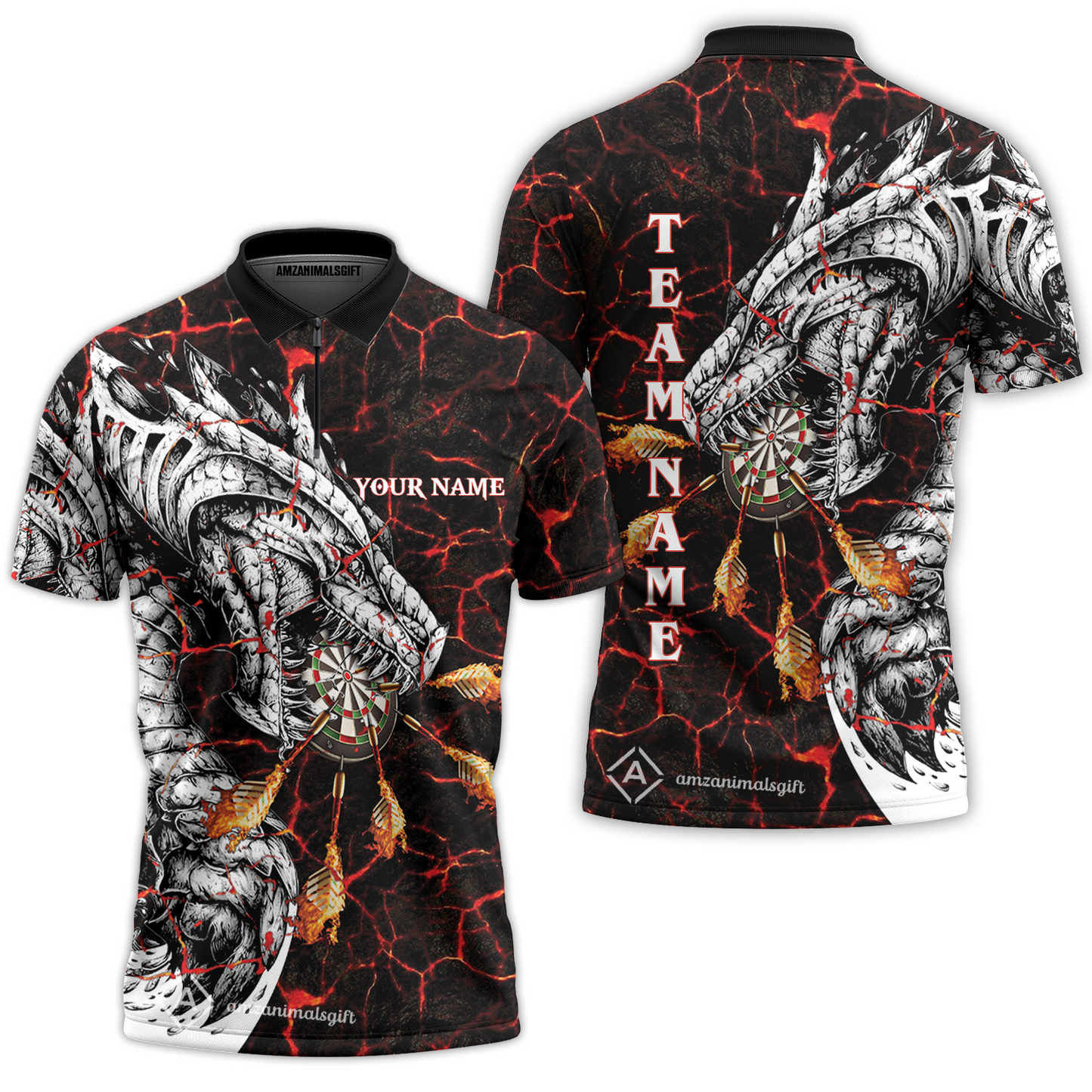Customized Darts Team Quarter-Zip Polo Shirt, Darts And Dragon With Magma Personalized Zipper Polo Shirt For Darts Players