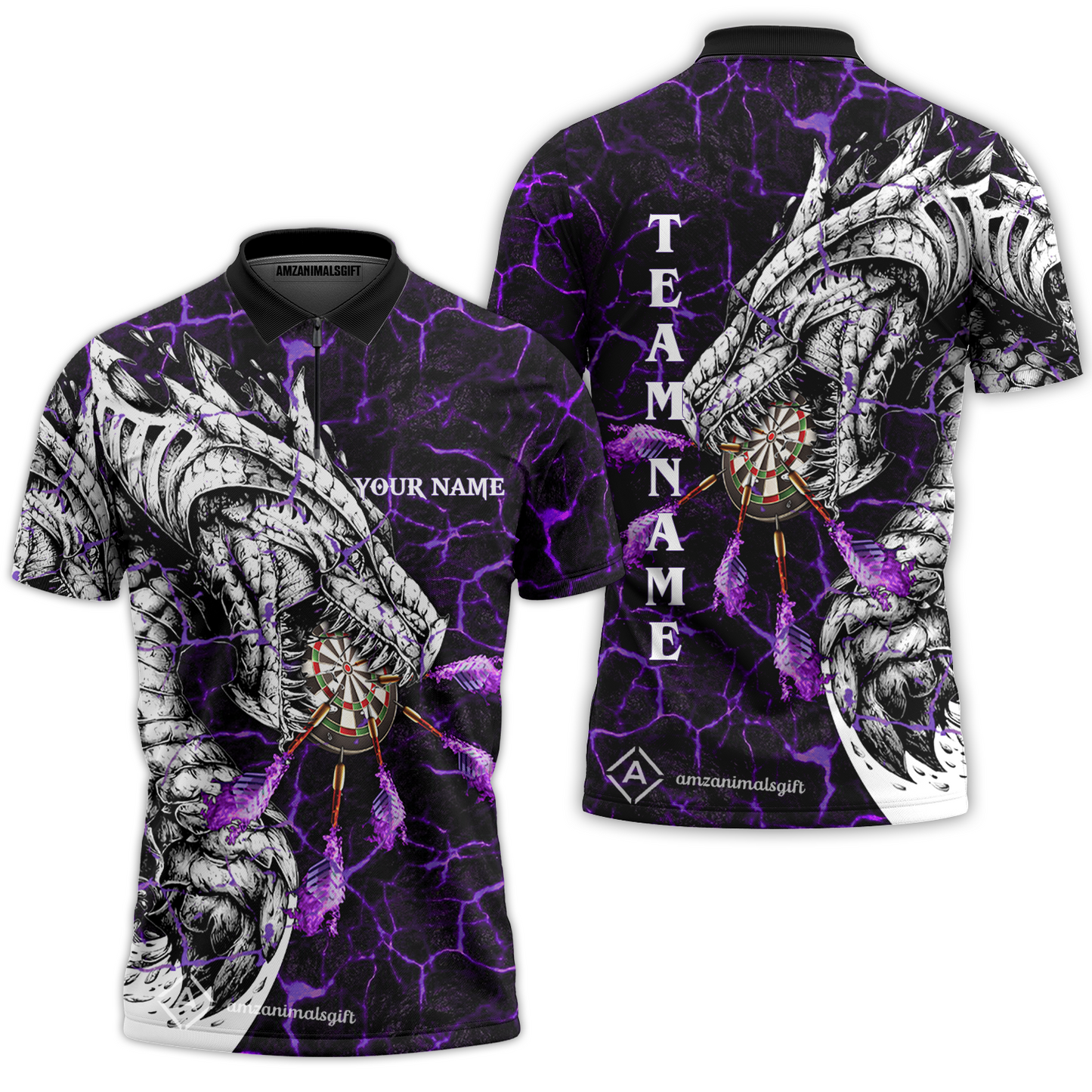 Customized Darts Team Quarter-Zip Polo Shirt, Darts And Dragon With Magma Personalized Zipper Polo Shirt For Darts Players
