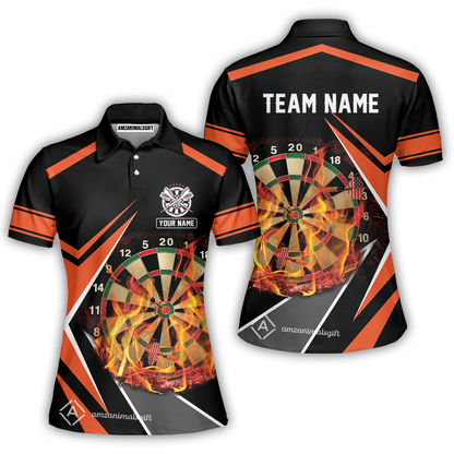 Customized Darts Team Women Polo Shirt, Dartboard In Flame Polo Shirt Personalized Name And Team Name For Darts League